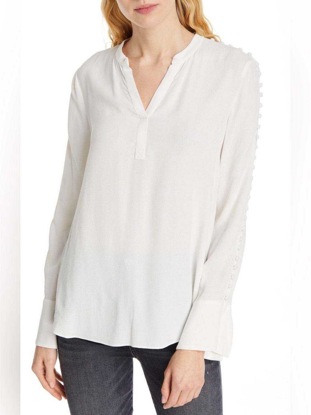 Women’s Joie White V-Neck Blouse with Pom-Trim Sleeves